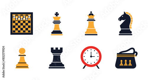 Chess icons collection: bold minimalist designs of game pieces and accessories