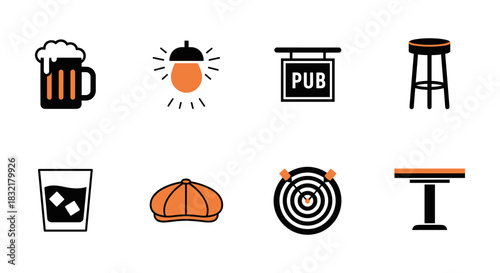Simple pub icons collection featuring beer, pub sign, darts, and more