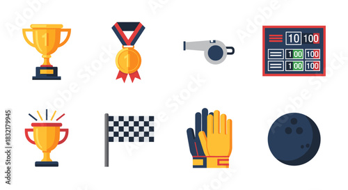 Sports equipment icons set: trophy, medal, whistle, scoreboard, gloves, bowling ball, flag