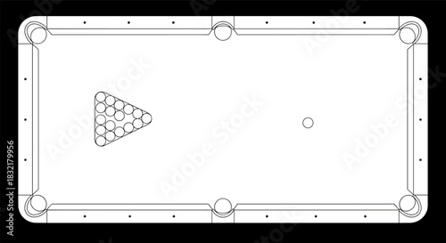Linear outline of billiard table with triangular rack and balls setup