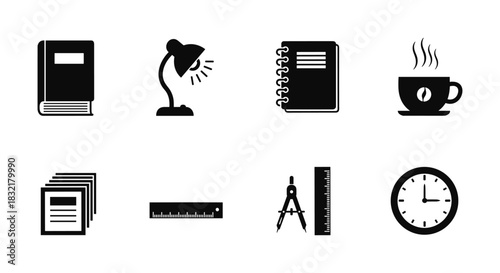 Silhouette icons of essential office and study supplies for modern workspaces