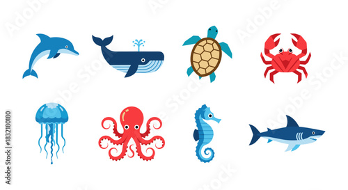 Colorful ocean animals: playful cartoons of marine life in flat design
