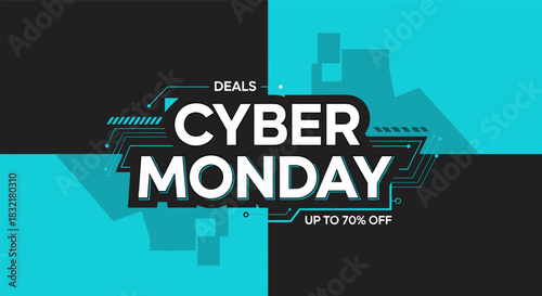 Cyber monday deals banner with tech circuit design and bold typography