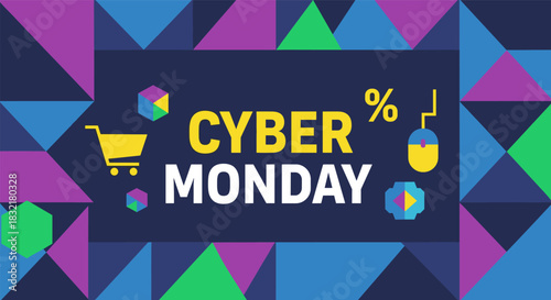 Cyber monday sale design with geometric pattern and shopping icons