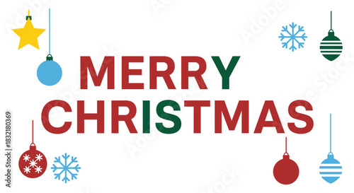 Festive merry christmas text with colorful ornaments and snowflakes