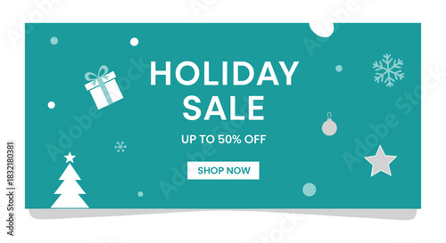 Holiday sale banner with snowflakes and gift icons on teal background