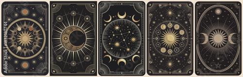 Set of five mystical tarot-style cards featuring suns, moons, constellations, and ornate borders in gold and bronze on a dark, esoteric background