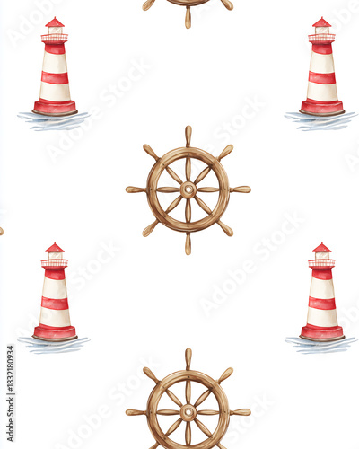 Seamless nautical pattern with watercolor red-and-white lighthouses and wooden ship wheels on a clean white background
