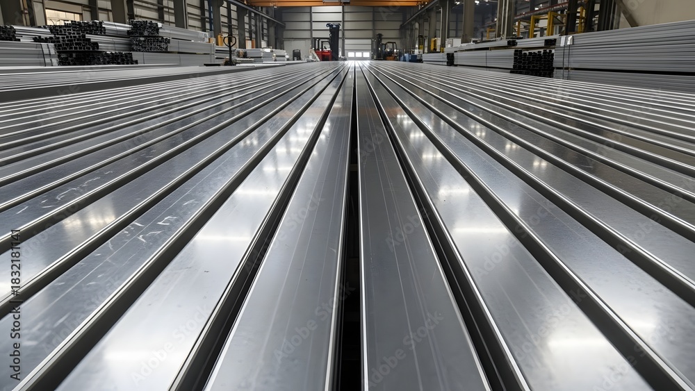 Obraz premium Rows of shiny metal beams in a warehouse with forklifts in the background under bright lighting