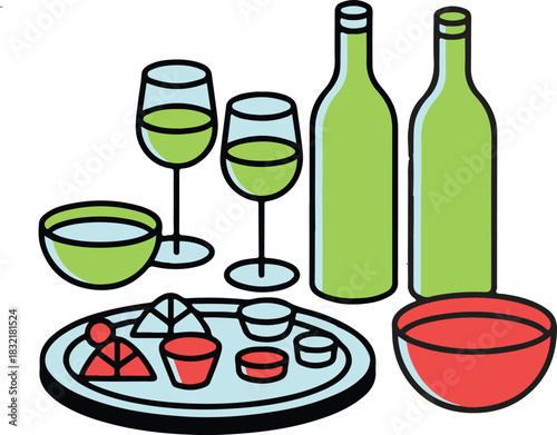A simple illustration depicts wine glasses bottles and a cheese platter