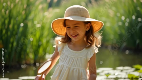 Little girl joyfully explores a pond with a butterfly net on a sunny afternoon in a beautiful garden