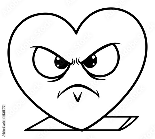Angry cartoon heart character with grumpy facial expression black and white vector line art illustration