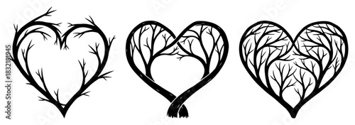 Set of natural heart shapes formed by tree branches and roots vector silhouette illustration of organic love symbol for wedding or ecology design