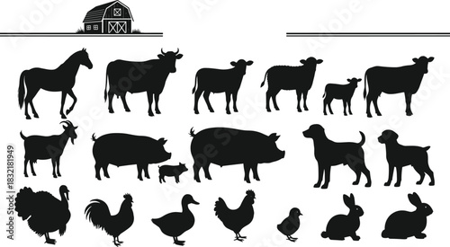 Black silhouettes of farm animals and barn on white background horse calf