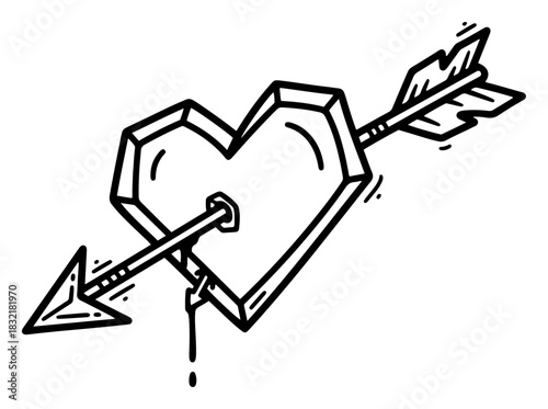 Hand drawn sketch of isometric 3D heart pierced by an arrow vector illustration of wounded love symbol with dripping blood suitable for tattoo