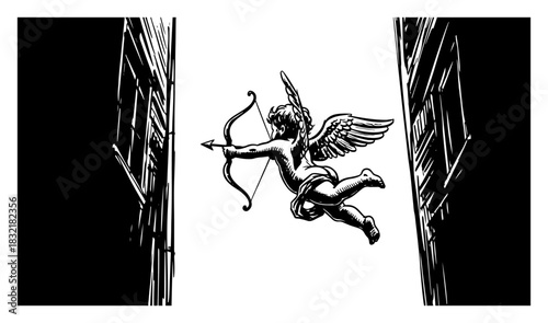 Flying cupid angel with bow between city buildings vector illustration in retro woodcut style for valentines day