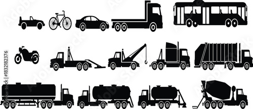 Collection of black vehicle silhouettes on white background transportation truck