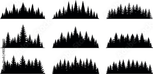 Black vector silhouettes of trees and city skyline architecture illustrate a London cityscape landmark
