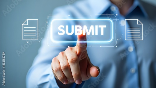 A hand presses the submit button with digital document icons around it