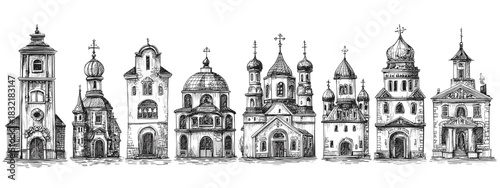 Detailed Illustration of Various Ornate Towers and Historical Buildings in a Vintage Style church's