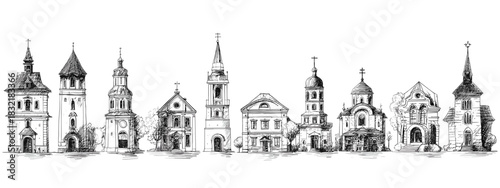 Detailed Illustration of Various Ornate Towers and Historical Buildings in a Vintage Style church's