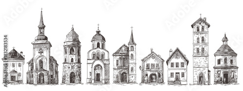 Detailed Illustration of Various Ornate Towers and Historical Buildings in a Vintage Style church's