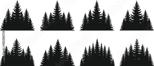 Pine Forest Tree Silhouette Pack, pine woods landscape, conifer outlines, dark fir trees graphics set, nature forest icons, mountain tree borders, woodland clipart bundle