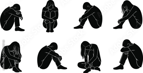 Sad human silhouettes set, depression and anxiety concept, grief postures, mental health illustration, emotional stress poses, minimalist black vector art, white background, commercial use