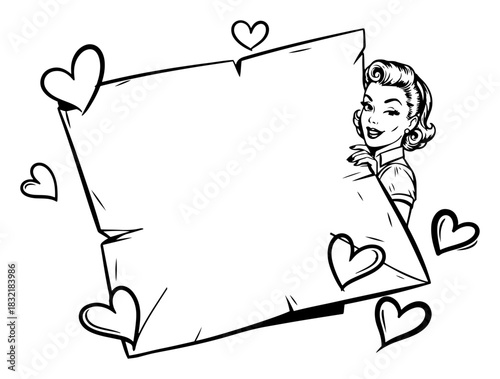 Retro winking woman peeking from behind a blank sign with hearts vintage pop art vector line art illustration with copy space