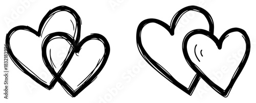 Set of hand drawn interlocking hearts vector illustration with two pairs of double heart love symbols cute black and white doodle sketch outline for wedding or Valentine Day design