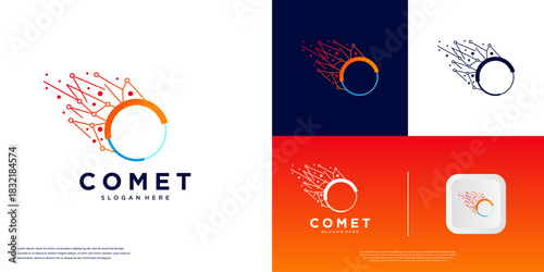 logo of a molecular chain with an abstract comet shape, space education, research, mysterious objects, vector graphic template.
