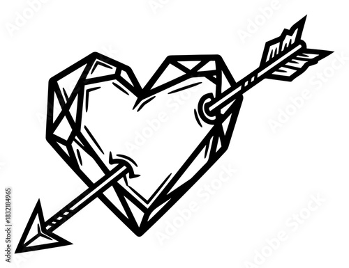 Geometric crystal heart pierced by arrow vector illustration in tattoo style for romantic design