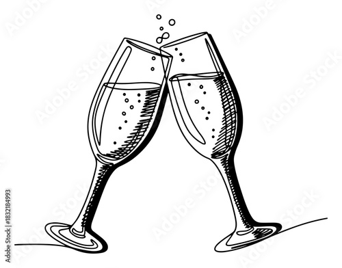 Two clinking champagne glasses making a toast vector sketch illustration for wedding or new year celebration