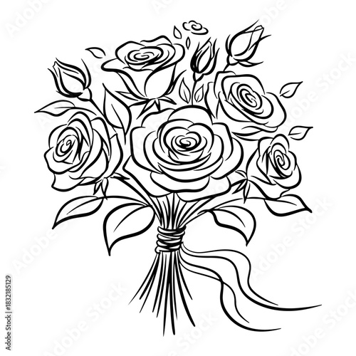 Beautiful bouquet of blooming roses with buds and leaves tied with a ribbon hand drawn black and white vector illustration for wedding or Valentine design