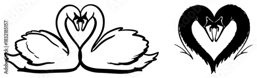 Stylized swan couple forming a heart shape with their necks black and white vector logo icon set for wedding or romantic branding