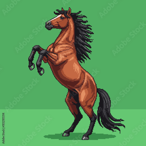 Pixel art illustration of a brown horse rearing on its hind legs against a green background.