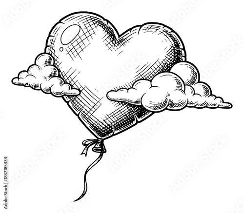 Vintage engraving style illustration of flying heart shaped balloon with string and clouds representing love in the air for Valentine Day design