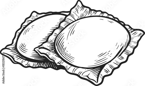 Ravioli sketch hand drawn style two stuffed pasta pieces with crimped edges. Vector illustration