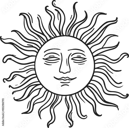 Sun face sketch, hand drawn line art with wavy rays and serene expression. Vector illustration