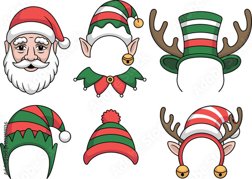 Christmas photo booth props set with Santa face, elf hats, reindeer antlers, festive costume accessories for holiday parties and winter celebrations
