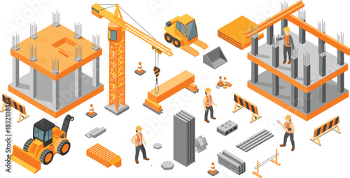 Isometric 3D illustration of construction site with workers, cranes, building frames, machinery, materials and safety equipment for engineering and infrastructure projects