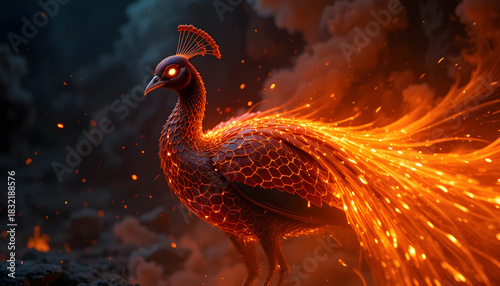 Portrait of Peacock with lava and fire feathers looking furiously, Side View with Smoke Behind as a Background