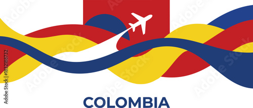 The flag of colombia with a white airplane and flowing ribbons