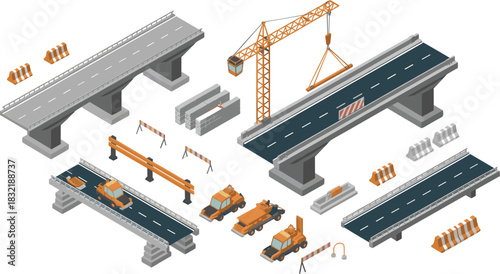 Isometric 3D illustration of highway construction with bridge segments, cranes, vehicles, concrete beams, road elements and infrastructure building equipment