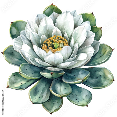 Astrophytum Flower, serene watercolor vector artwork with smooth washes of color and refined textures, isolated on a white background.