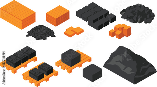 Isometric illustration of coal, mineral blocks, ore piles, construction materials and pallets, industrial resources for mining, manufacturing, logistics and production design