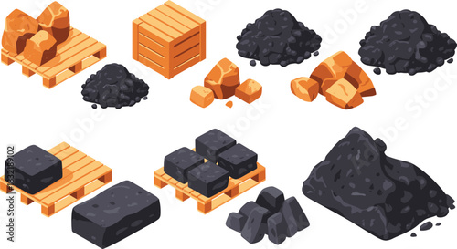 Isometric illustration of coal, mineral blocks, ore piles, construction materials and pallets, industrial resources for mining, manufacturing, logistics and production design