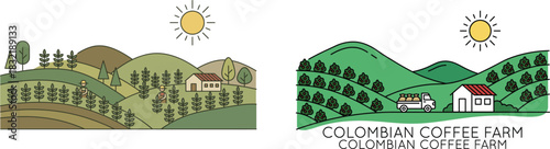 Two illustrations showcasing columbian coffee farm landscapes with hills and sunshine