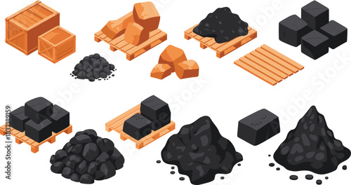 Isometric illustration of coal, mineral blocks, ore piles, construction materials and pallets, industrial resources for mining, manufacturing, logistics and production design