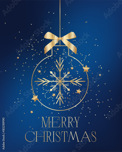 Illustration of a golden New Year's ball with stars on a dark blue background.